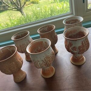 Vintage handmade stoneware pottery rust sand color goblet mugs